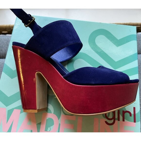 Madeline Girl WOMENS 7.5 Platform Twiggy Sandals Blue Velvet 70s Mod Retro Disco - Picture 7 of 16